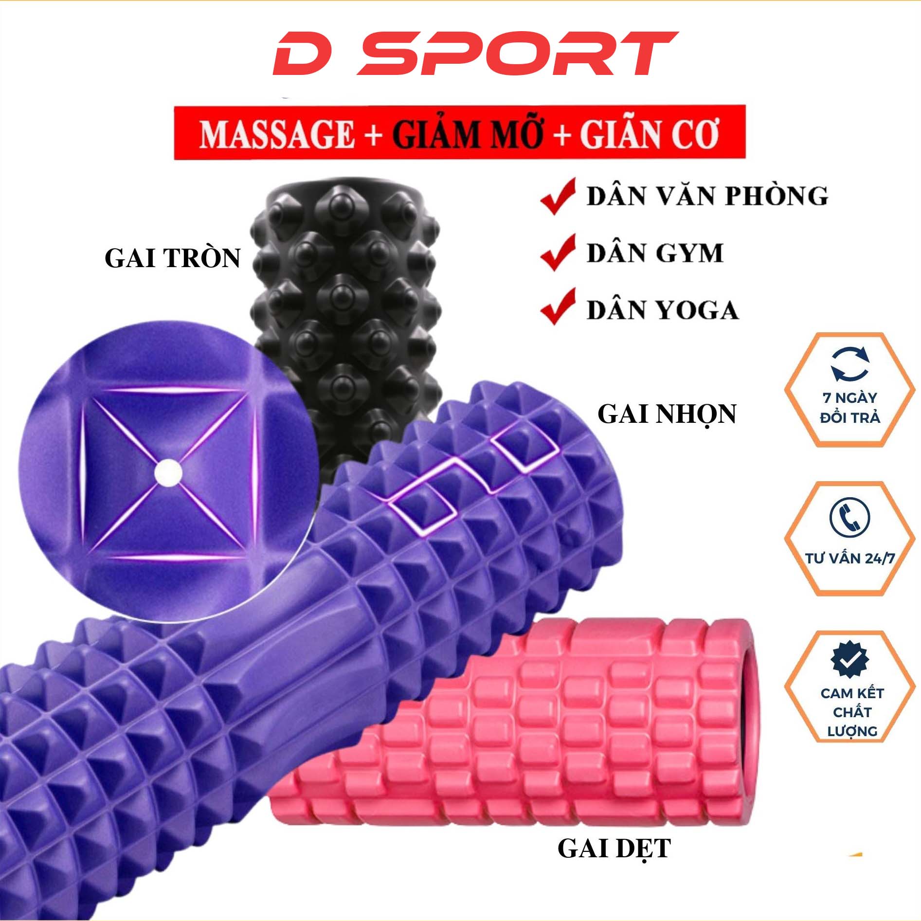 Con Lăn Massage Chân, Tay, Lưng Foam Roller Gai Nhọn 45cm, 33cm - Ống Trụ Lăn Giãn Cơ Tập Yoga, Gym