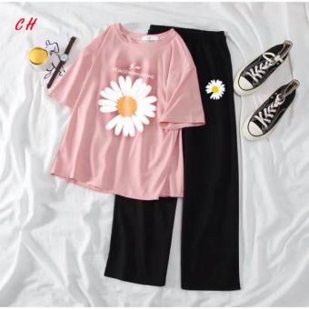 Sét quần rộng hoa cúc+ áo hoa cúc tia sét THP223 , sét bộ UNISEX cá tính, sét bộ mặc ở nhà cho Nam và nữ, Áo thun Nam Nữ, quần suông ống rộng - LEEDA