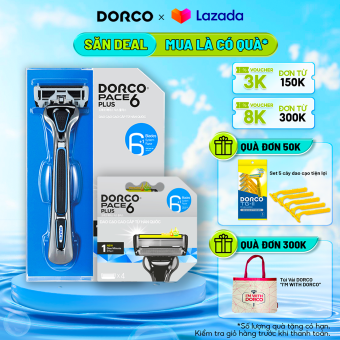 Combo Bộ Dao Cạo Râu 6 Lưỡi và Vỉ 04 Đầu Cạo Râu 6 Lưỡi Dorco Pace 6 Plus (Có Đầu Tỉa Tóc Mai)