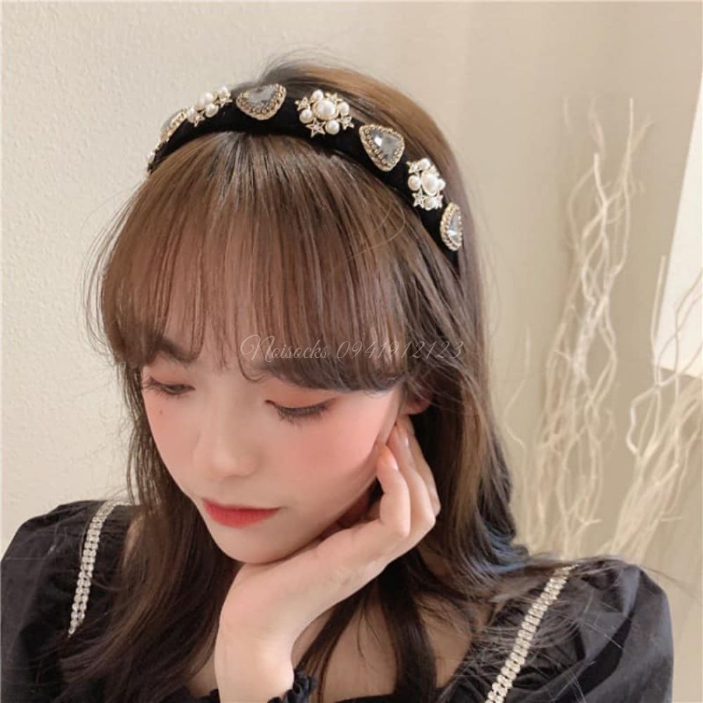 Bờm nhung lụa đen đính đá Thời Trang, Bờm cài tóc Retro Nhung Hàn Quốc - Noisocks