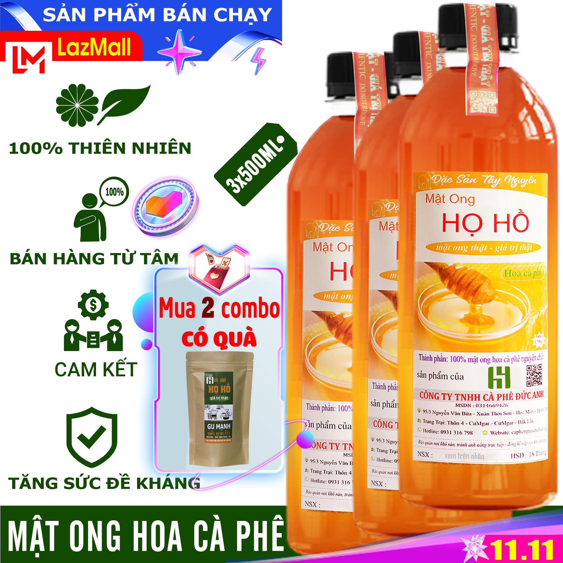 [Sale trợ giá] Combo 3 chai mật ong nguyên chất hoa cà phê - mỗi chai 500ml , mật thiên từ rừng hoa cafe - Mật ong Họ Hồ mật thật giá trị thật - TOP BÁN CHẠY BÁCH HÓA