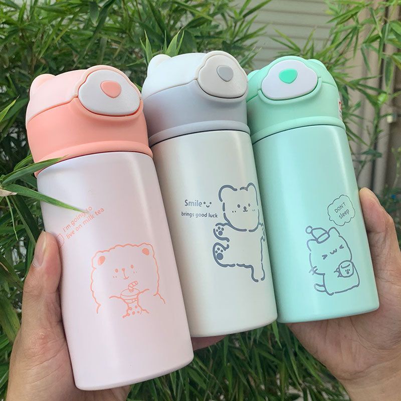 Bình inox giữ nhiệt nắp tai Gấu Pastel