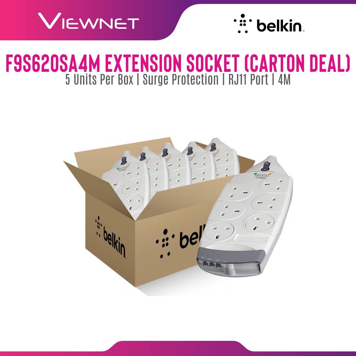 [Carton Deal] Belkin F9S620sa4M 6 Way Surge With Tel Protection - 4 Meter (5 Units Per Box)