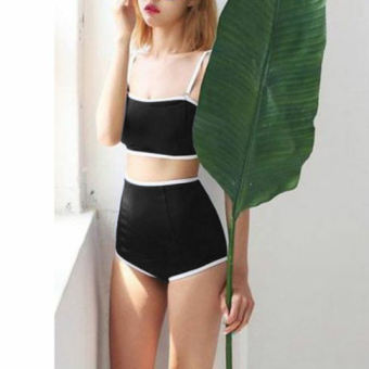Bikini 2 mảnh quần cạp cao đen viền trắng