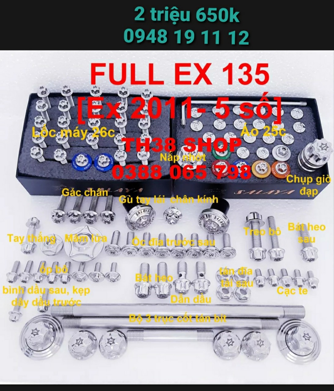 Combo ốc salaya xe exciter 135 gồm ốc áo salaya, ốc lốc salaya, chân kính salaya, gù tay láí salya, trục cốt salaya, ốc salaya 5li, nắp nhớt salaya...chất liệu inox 304 sáng đẹp bao sét.