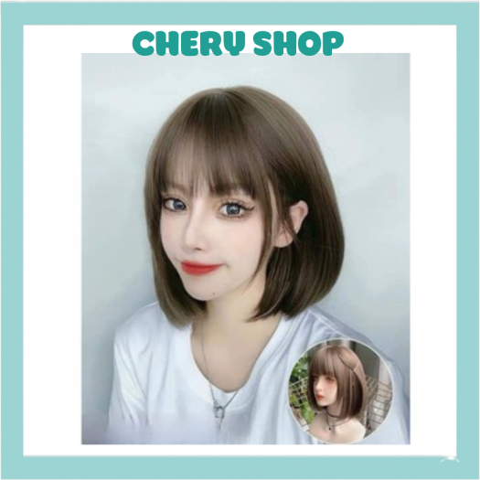 tóc giả nữ nguyên đầu ngắn cúp ngang vai 3030 làm bằng sợi tơ cao cấp tặng kèm lưới trùm
