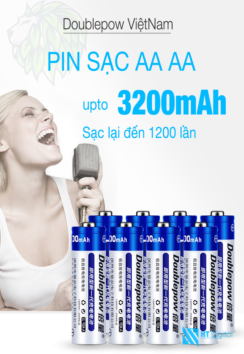 Pin sạc AA - Bộ 4 Pin 3200mAh Doublepow công suất thực lớn chuyên karaoke