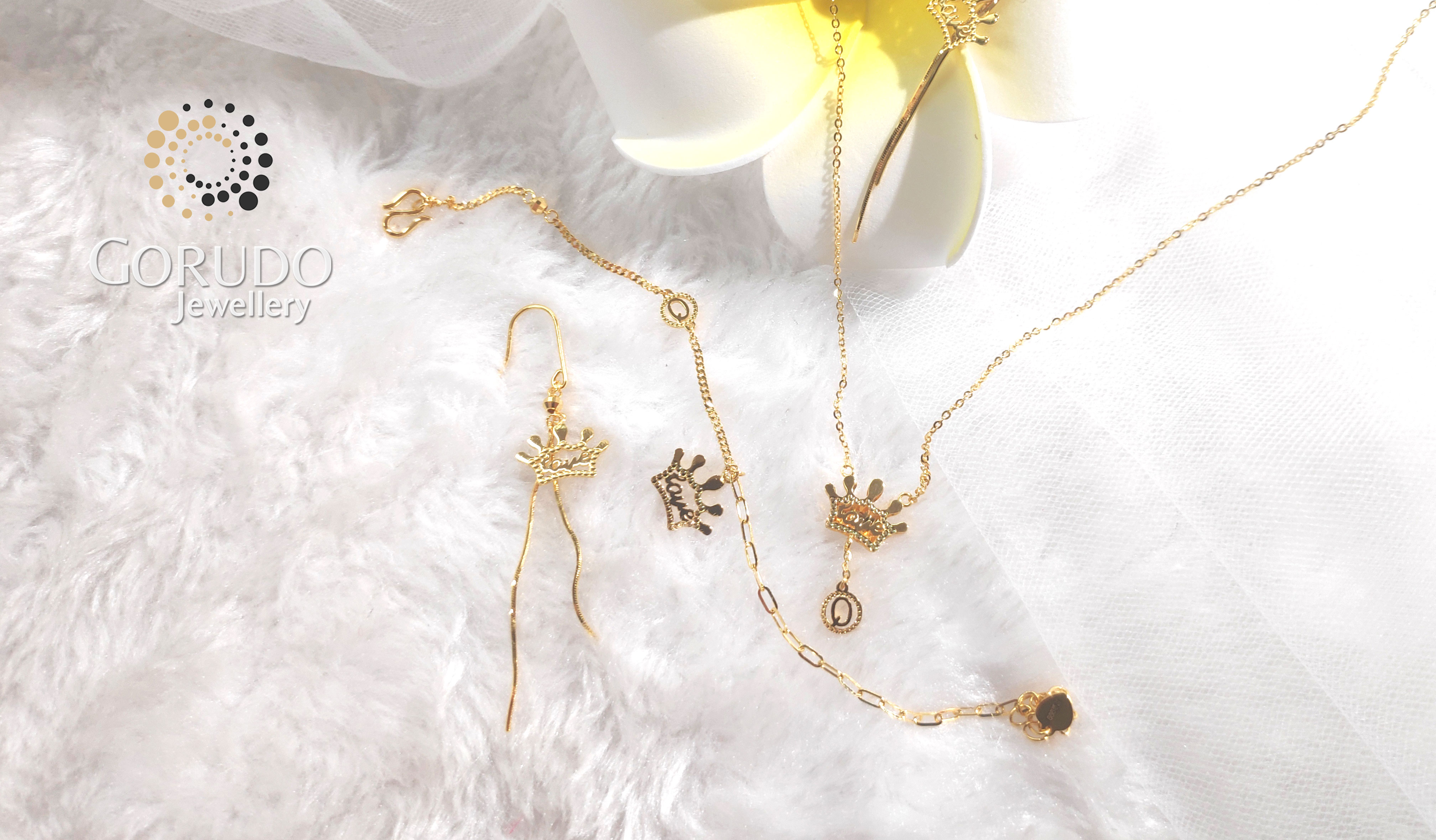 Gorudo Jewellery Pendente a forma di corona d'amore in oro puro 999 con catena + bracciale + orecchino (set di gioielli)
