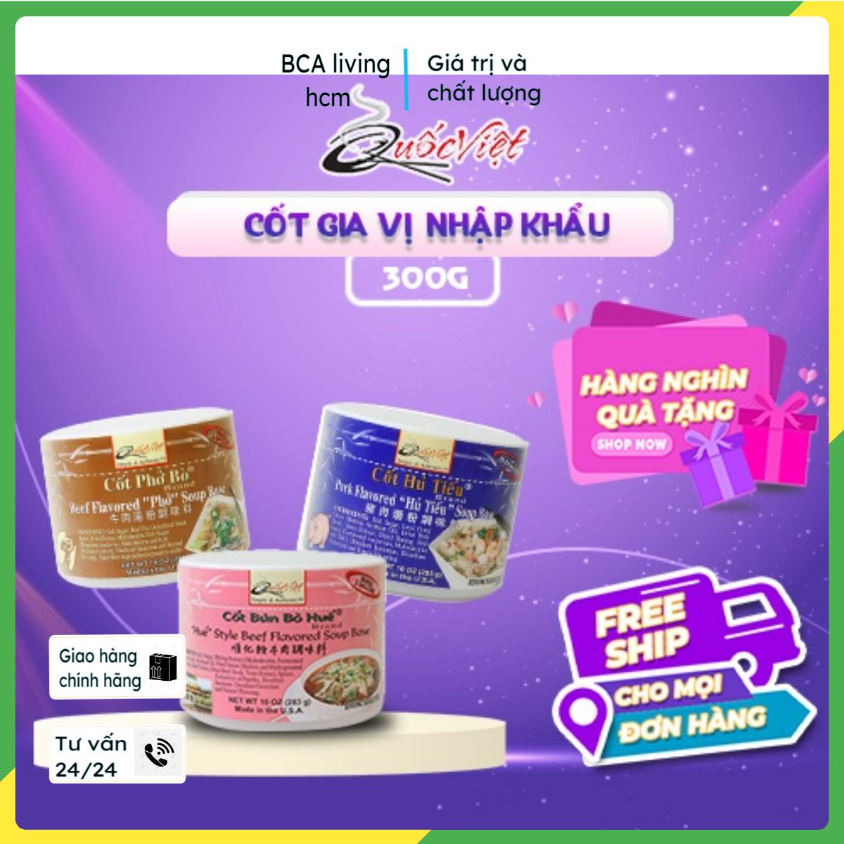 Cốt gia vị quốc việt nhập khẩu USA bcalivinghcm gia vị nấu phở bò, phở gà, hủ tiếu, bún riêu, hủ tiếu chay, bún bò huế, hoành thánh, thơm ngon tiện lợi dễ dùng