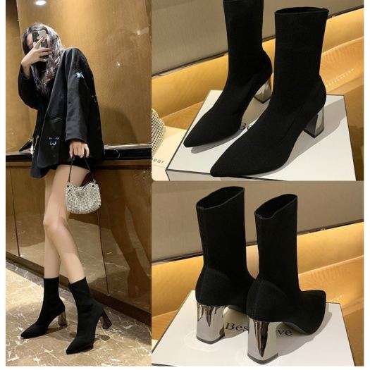 ▫✉◙  Boot nữ cao cổ boot Len Cổ Lửng Gót Trụ Bạc Tráng Gương Cao 7 phân Hàng Quảng Châu
