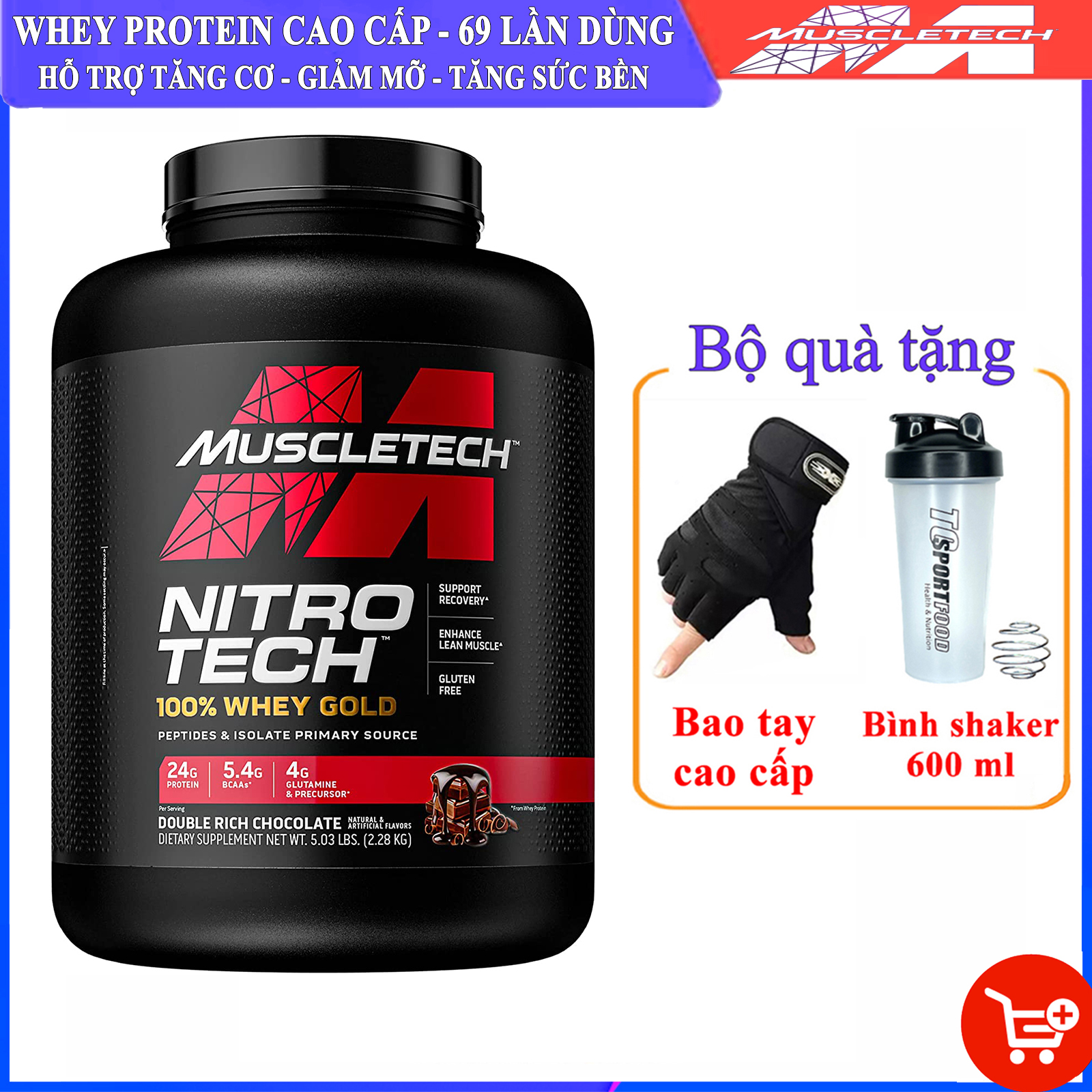[TẶNG BÌNH VÀ BAO TAY] Sữa tăng cơ giảm mỡ Nitro Tech 100% Whey Gold của Muscle tech hỗ trợ giảm cân đốt mỡ tăng sức bền sức mạnh cho người tập gym và chơi thể thao