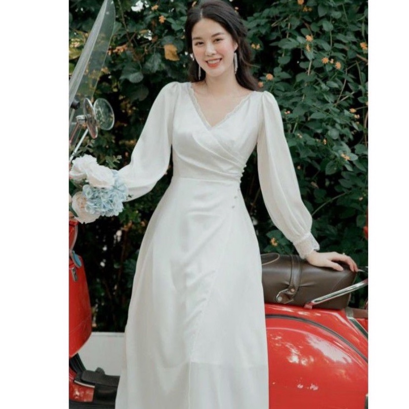 Váy trắng tay dài đầm dự tiệc cổ ren mặc chụp ảnh cưới phong cách tiểu thư