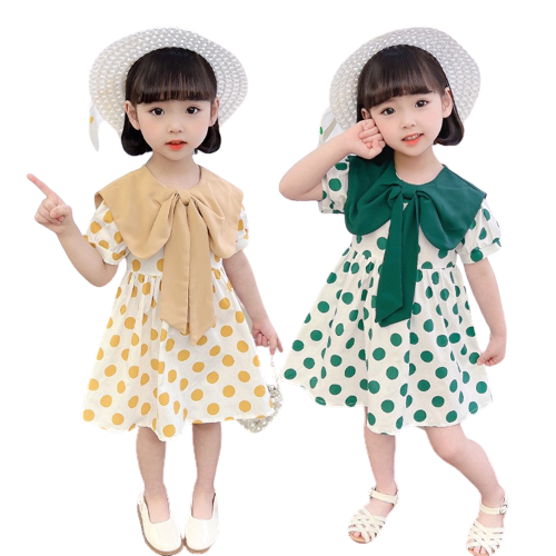 Váy bé gái chấm bi nơ cổ to 2 mầu xanh vàng XHN982