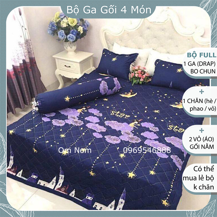 Bộ chăn ga gối đệm đẹp, cute chất Cotton Hàn Quốc, giá rẻ, BỘ 4 MÓN: 1 drap giường, 2 vỏ gối nằm, 1 chăn, họa tiết SAO RƠI huyền bí, cá tính