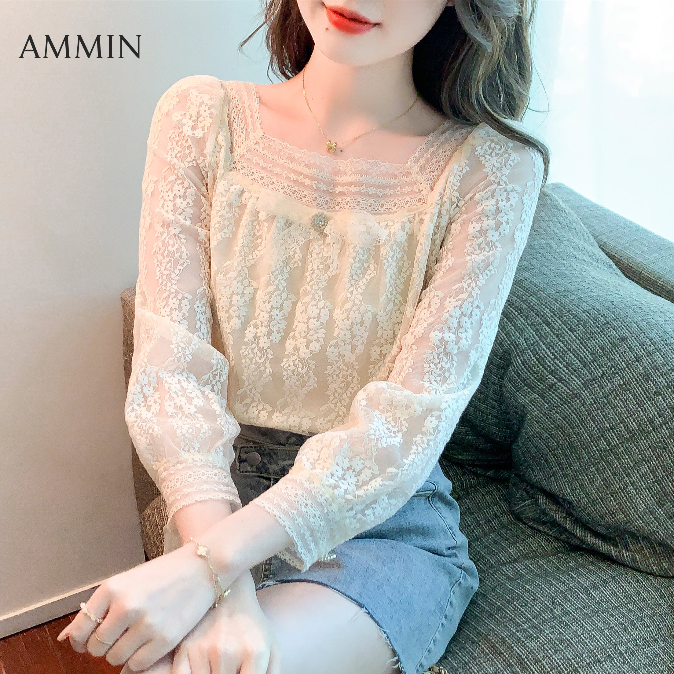 AMMIN Áo Ren Nơ Cổ Vuông Mới Phong Cách Hàn Quốc Áo Ren Dài Tay Cá Tính Ngọt Ngào Cho Nữ Áo Cánh Thư