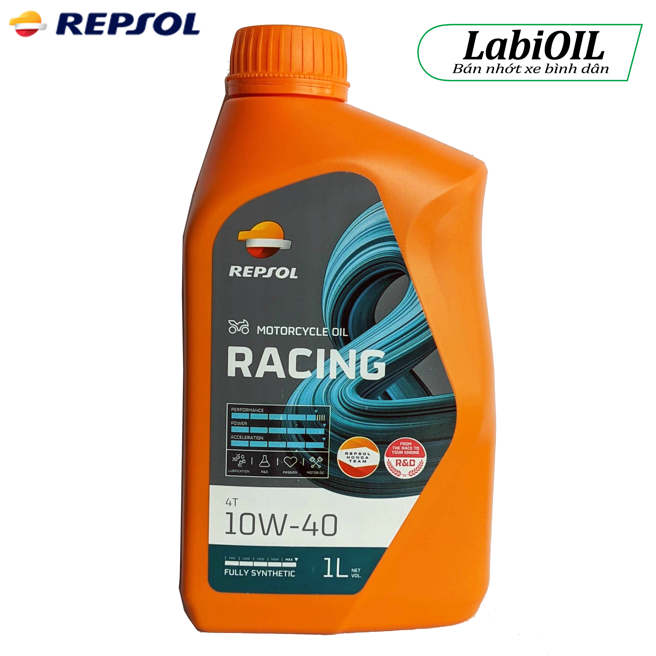 Nhớt Repsol Racing 10w40 1 Lít (Mẫu Mới), Tem Chính Hãng, Nhớt Màu Vàng, Tổng Hợp Hoàn Toàn, Xe Chạy Bốc, Dùng Được 2500Km
