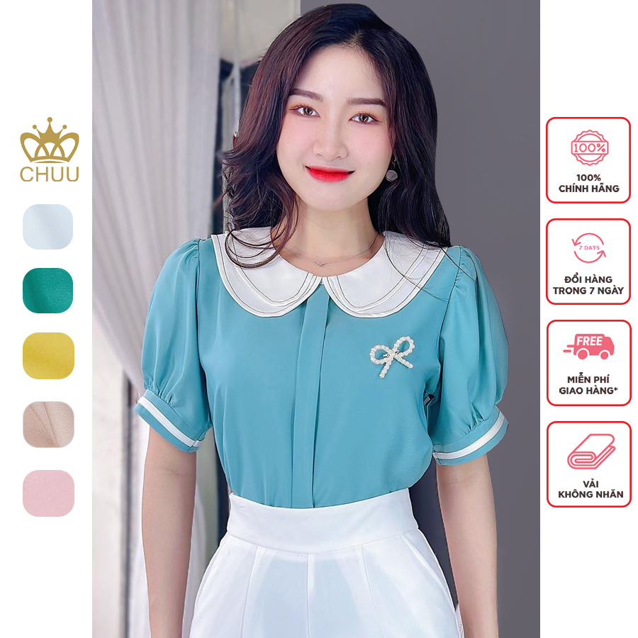 Áo sơ mi công sở nữ freesize cổ bèo 2 lớp viền chỉ đen xếp li giữa CHUU A8099