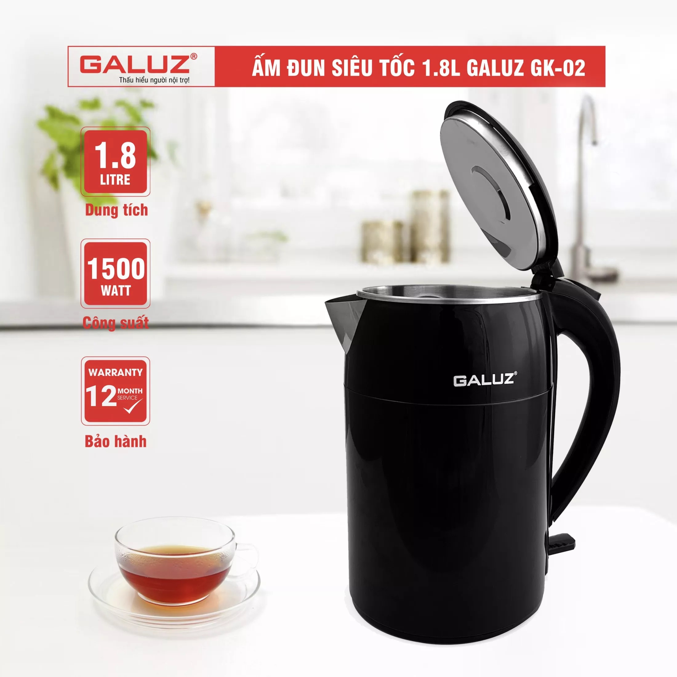 Ấm siêu tốc Galuz Gk02 ấm đun siêu tốc dung tích 1.8L bình đun nước bằng Inox bền bỉ công suất 1500W đun sôi nhanh chóng chính hãng bảo hành 12 tháng