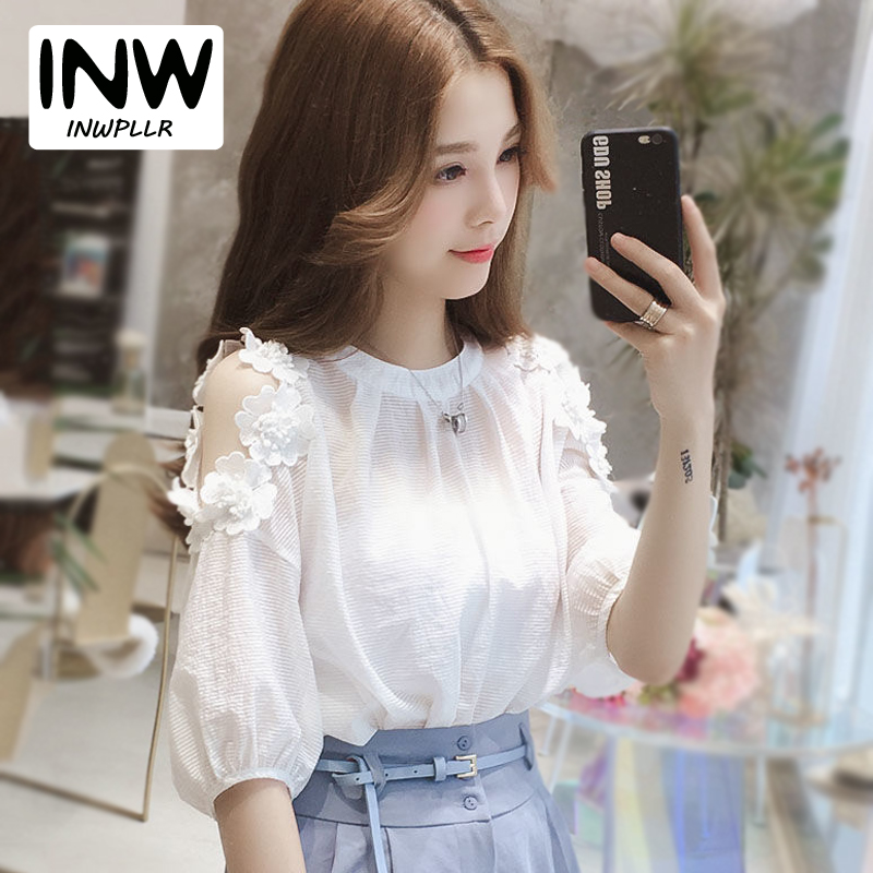 Áo Nữ Hàn Quốc INWPLLR, Áo Cánh Hở Vai Thời Trang Dành Cho Nữ, Áo Cánh Ren Hoa Tay Áo Đèn Lồng Mùa Hè Áo Cánh Nữ