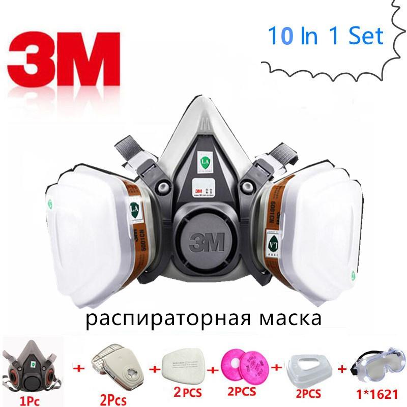 10 trong 1 3m 6200 khí độc mặt nạ kép lõi lọc nước than hoạt tính bảo vệ phun nạ an toàn mặt nạ chống bụi hóa chất kính