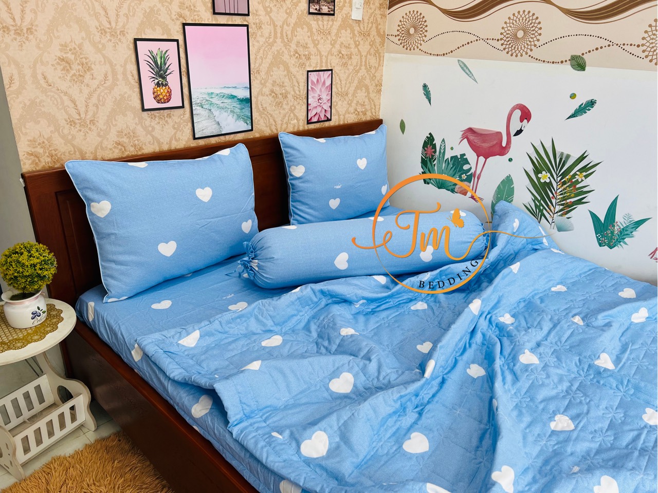 Ga và 3 vỏ gối họa tiết trái tim 3 màu 100% coton Thắng Lợi