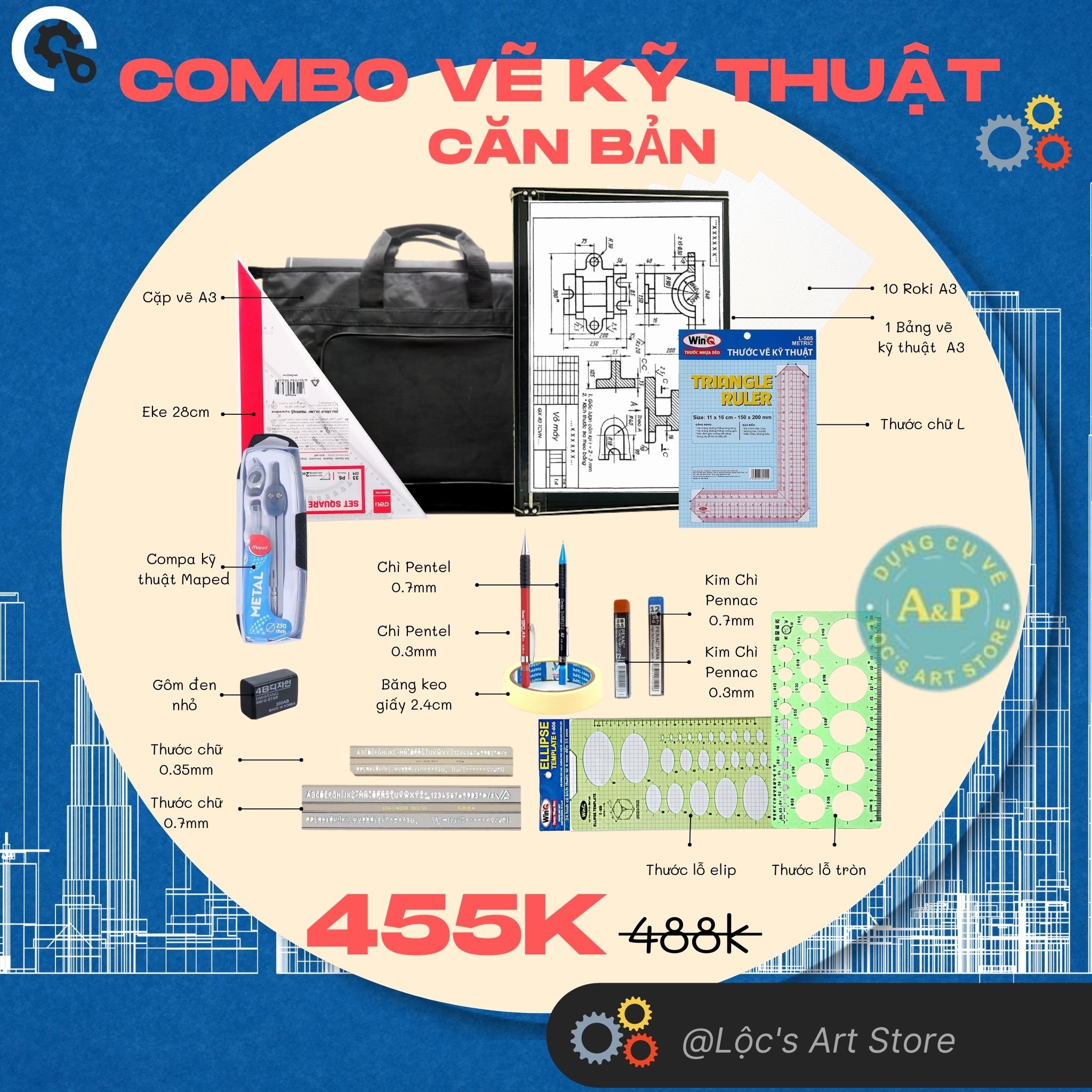 Combo vẽ kỹ thuật cơ bản cho sinh viên kỹ thuật xây dựng và kiến trúc