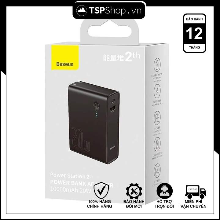 Cốc sạc nhanh kiêm pin sạc dự phòng Baseus Power Station 2 Power Bank Adaptor 10000mAh 20W PD/QC3.0 (10000mAh , Type C/USB Quick Charge,Travel Charger & Powerbank )