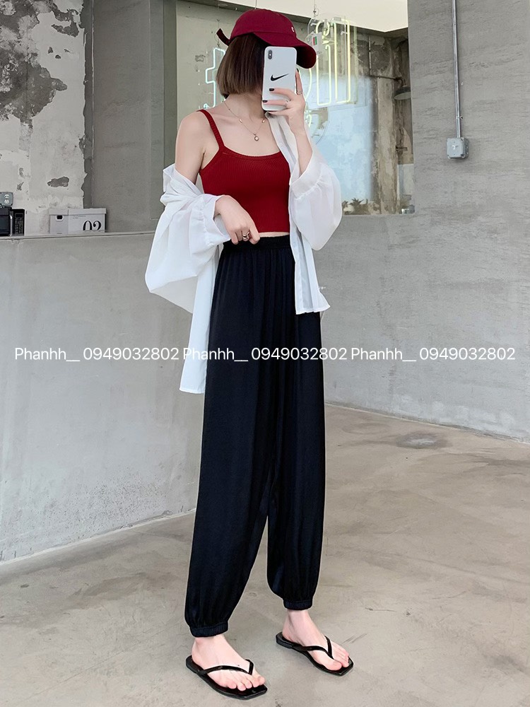 Quần lanh trơn đen bo gấu, quần lanh alibaba bo gấu màu đen trơn