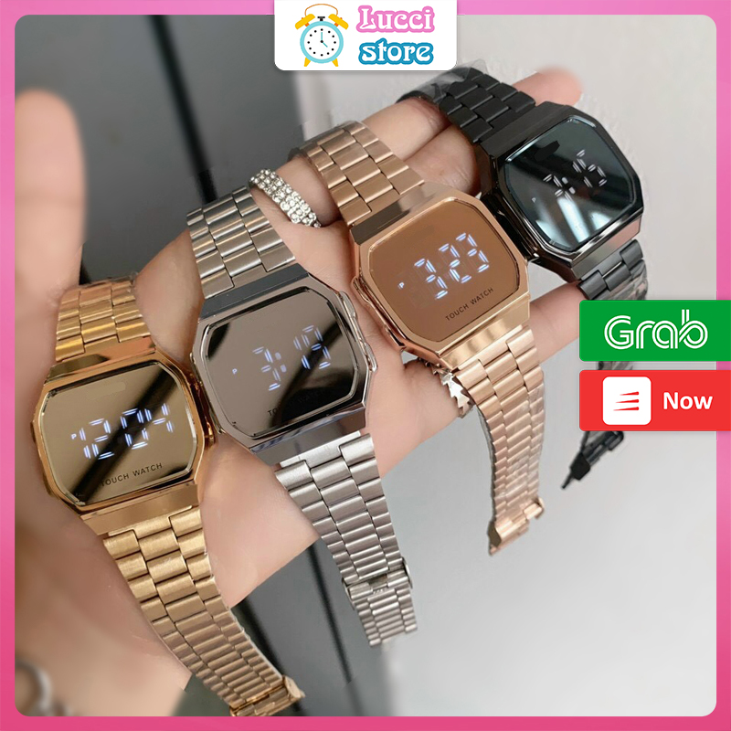 Đồng hồ Casio nam nữ điện tử tráng gương A168, đồng hồ cảm ứng màn hình LED dây thép không gỉ mặt vuông