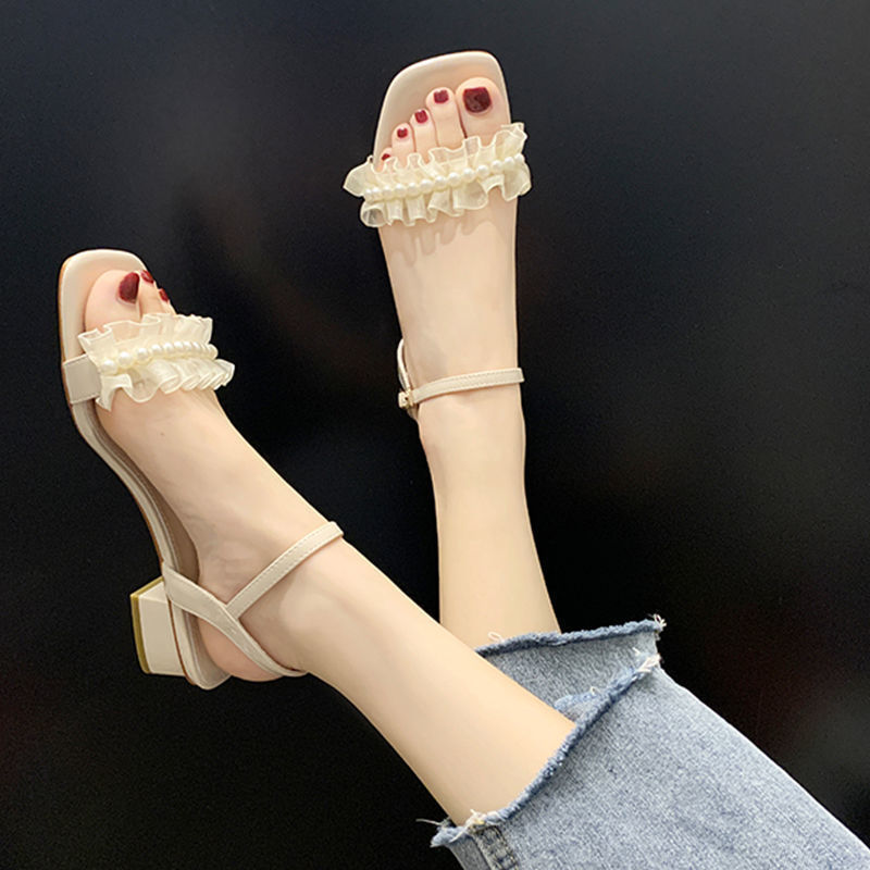 Giày sandal nữ đế vuông 5 phân, giày cao gót nữ quai bèo đính ngọc 5cm đi học đi chơi, LISA M80