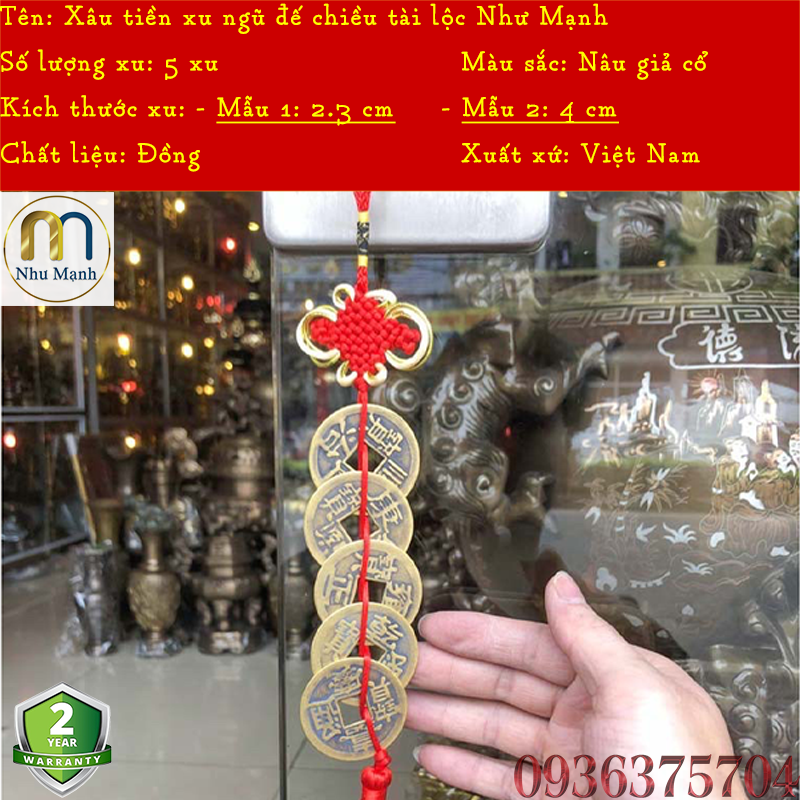 Xâu tiền ngũ đế phong thủy bằng đồng Như Mạnh 2.3cm/xu; 4cm/xu ND12