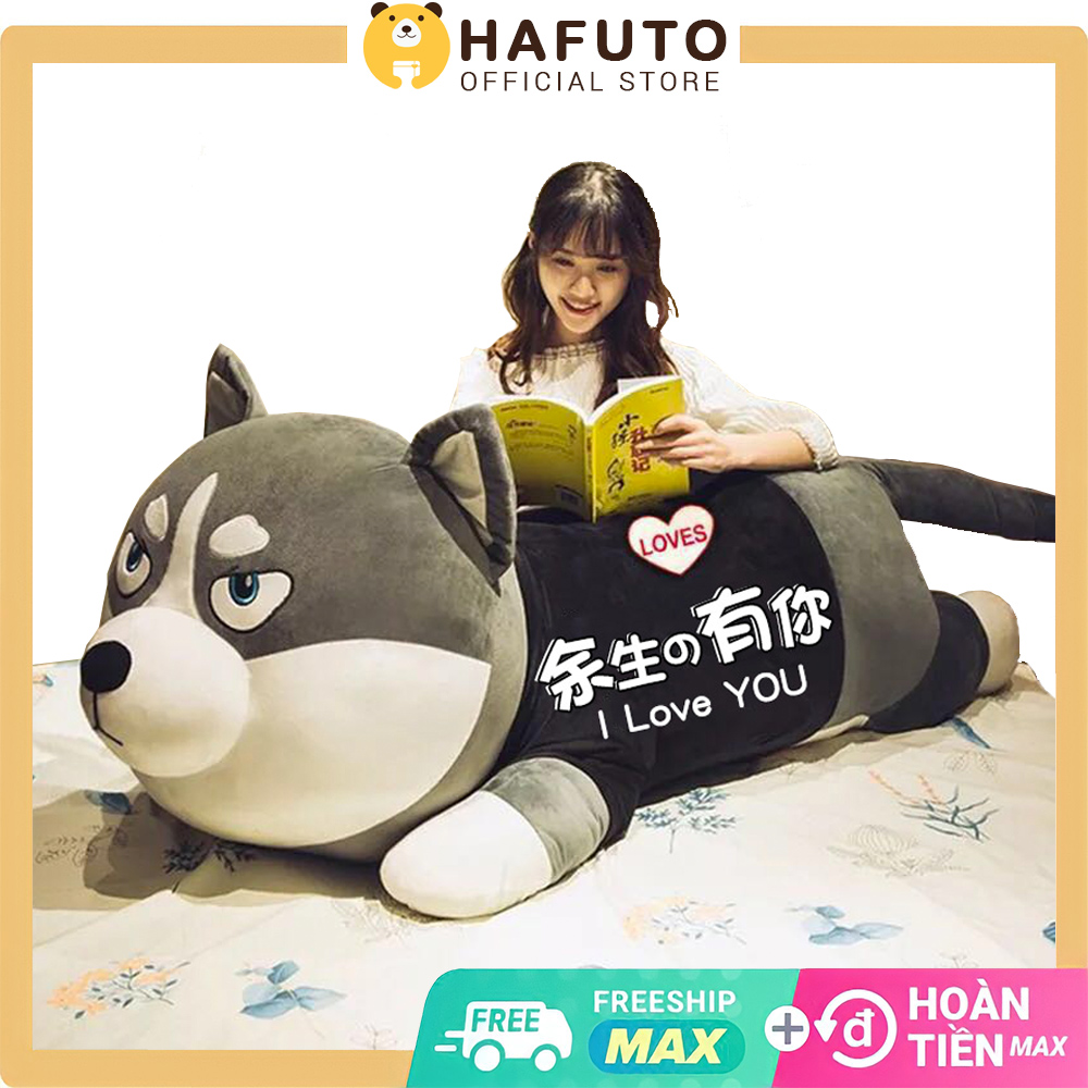 Size 60cm gấu bông chó husky nằm mặc áo hafuto, chó ngáo khổng lồ dễ thương, gấu bông ôm ngủ dễ thương