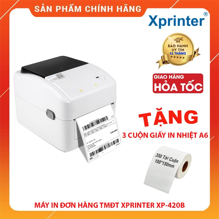 Máy in mã vạch nhiệt Xprinter XP 420B - Cổng Kết Nối Tùy Chọn - Tặng Kèm 03 cuộn giấy Decal A6 - MÀU GIAO NGẪU NHIÊN