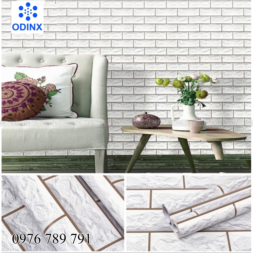10m giấy dán tường giả gạch trắng xám 3d có keo sẵn
