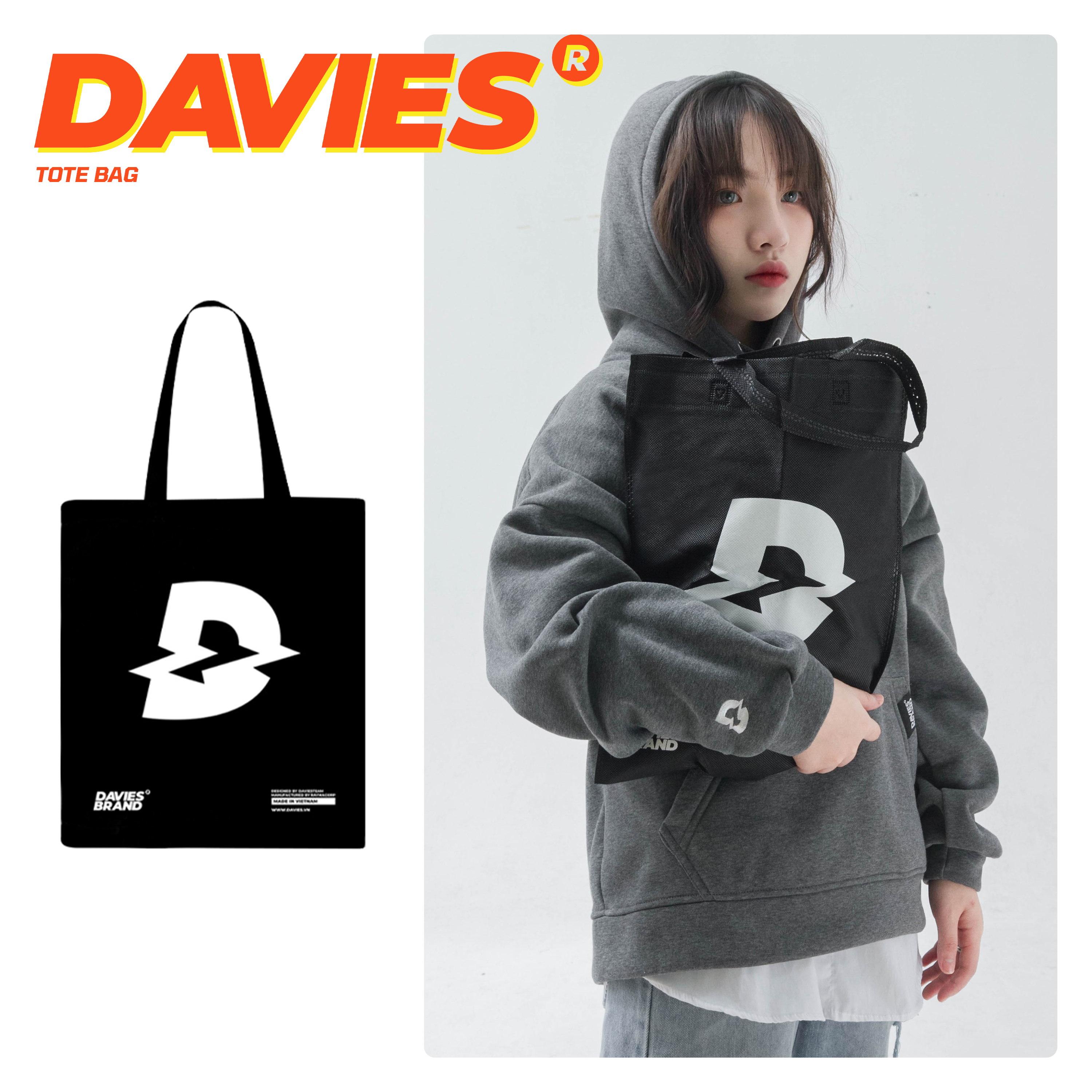 Túi tote vải đeo vai màu đen DAVIES