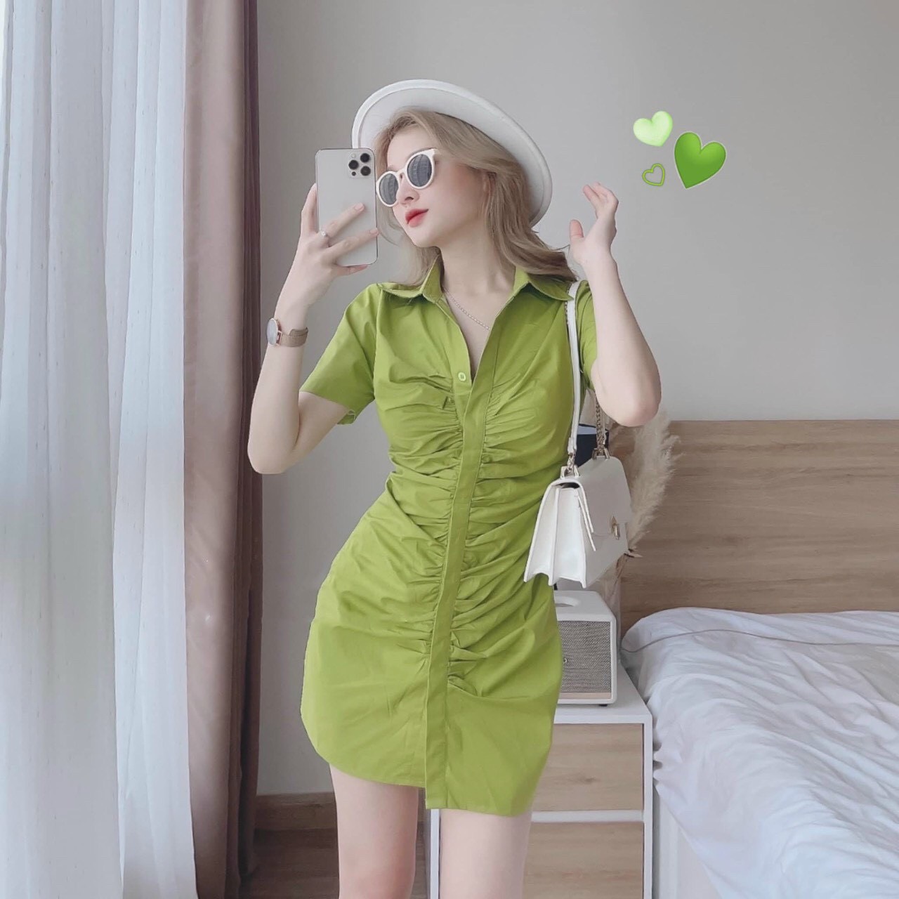 Đầm body ôm thân tôn dáng, đầm nữ bo chun cổ bẻ, đầm sơ mi nữ ôm body tay ngắn mà xanh bơ siêu đẹp