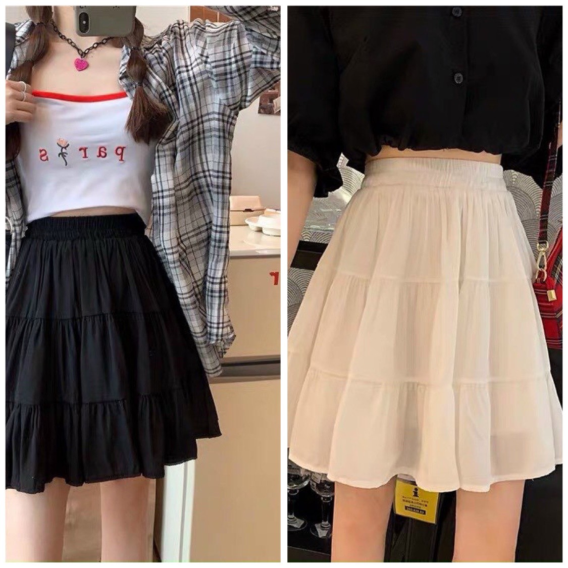 Chân váy ngắn 3 tầng xòe vintage, váy vải voan có lớp quần trong