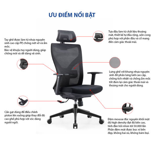 Ghế xoay văn phòng công thái học GOVI Ryan R02TD - Thiết kế tựa đầu điều chỉnh độ cao, tựa tay cố định, mâm ghế ngả sau, khóa ngả 1 vị trí