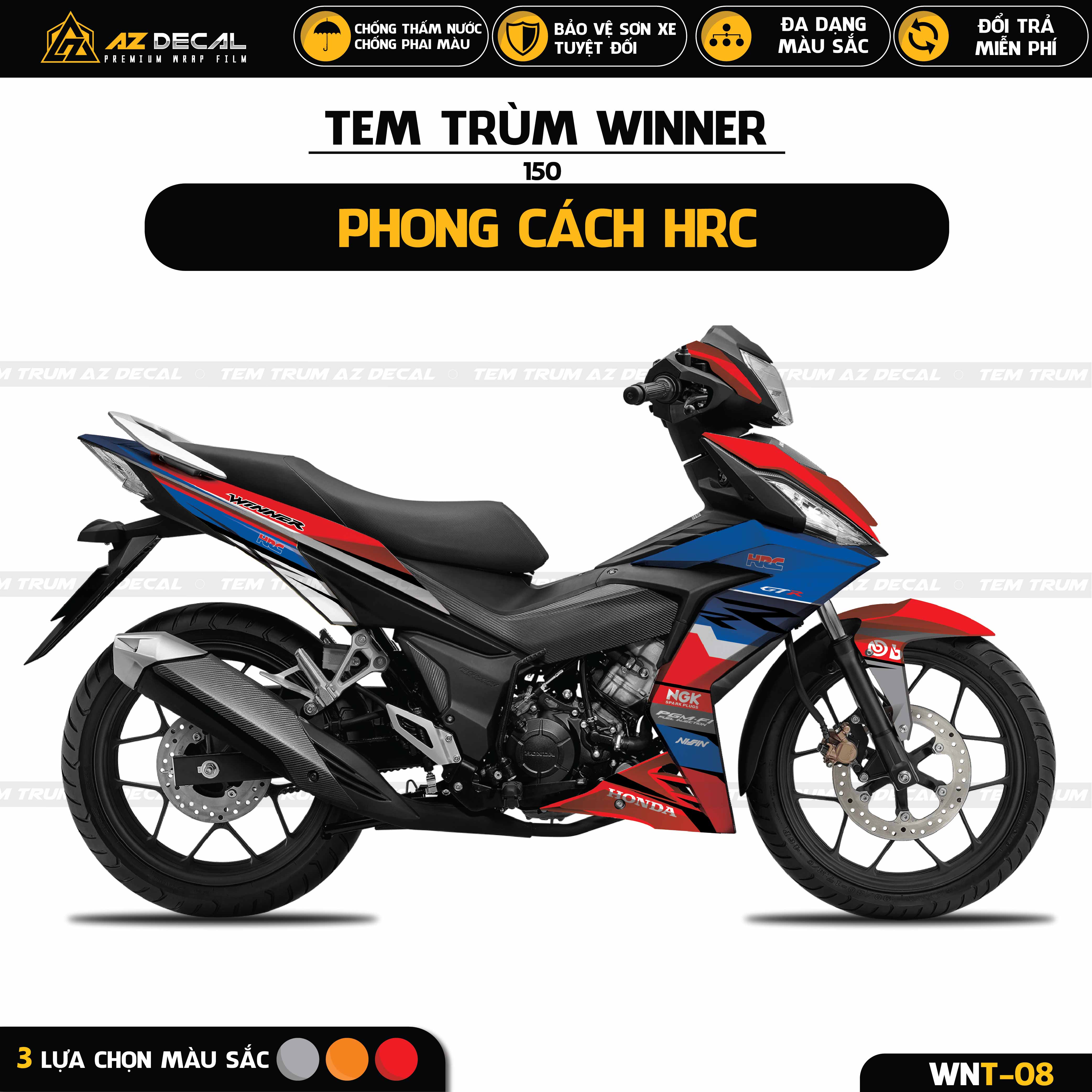 Tem trùm hrc dán xe winner v1 / 150 cao cấp | wnt-08 | decal bảo vệ sơn xe màu đỏ xanh, cam đen, xám - azdecal