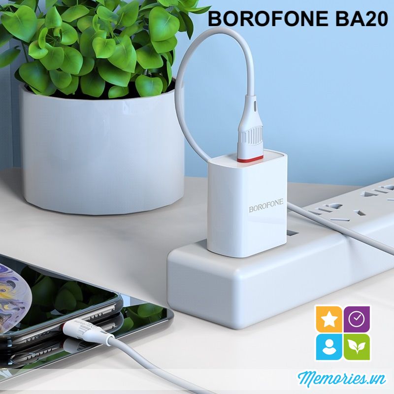 Cốc sạc nhanh borofone ba20 2.1a 1 cổng usb, kèm cáp lightning, micro, type-c - chính hãng, chất lượng cao
