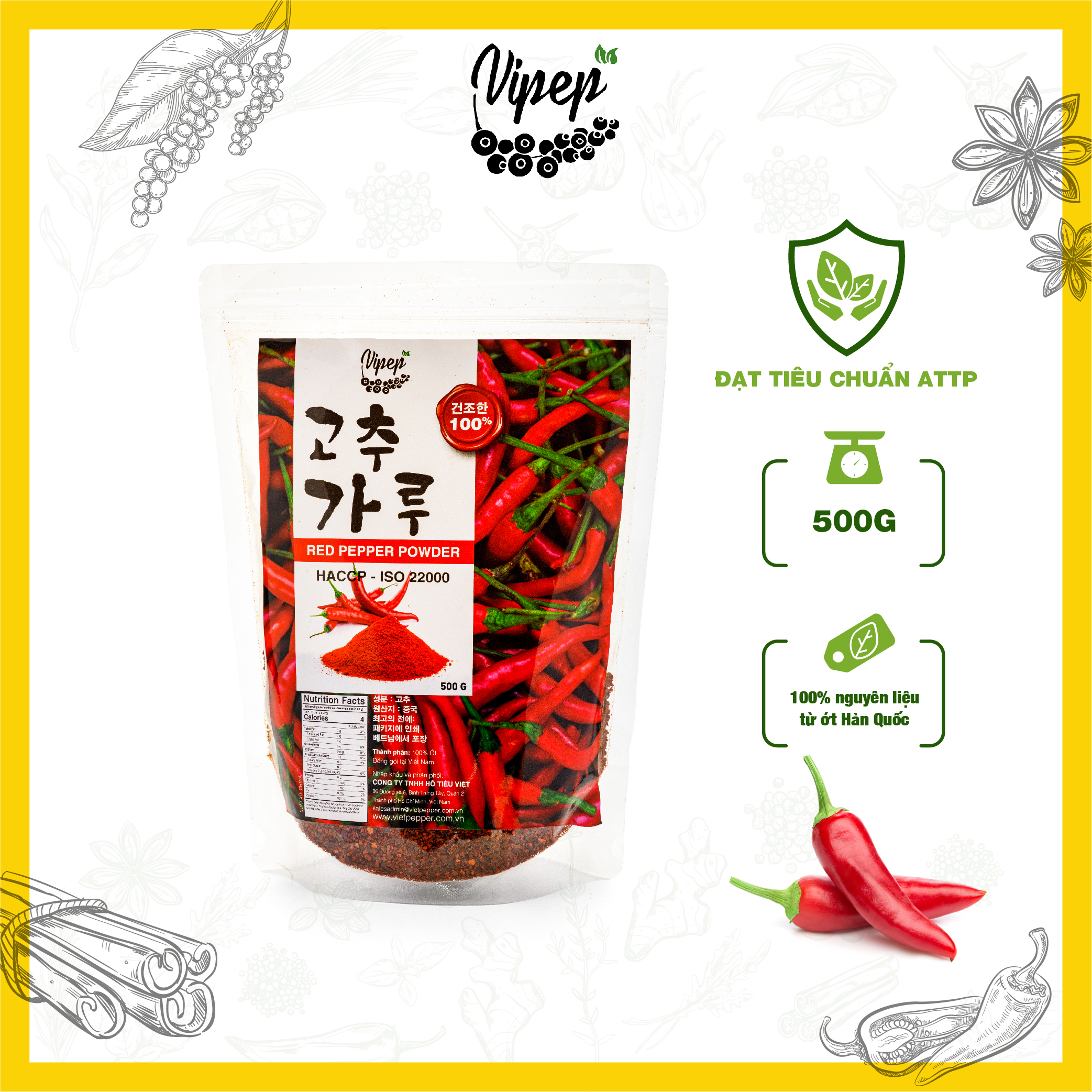 Ớt vảy cánh nhỏ siêu cay làm kim chi 500g - 100% từ giống ớt Hàn Quốc nguyên chất - Vipep chuyên gia vị ớt bột Hàn Quốc
