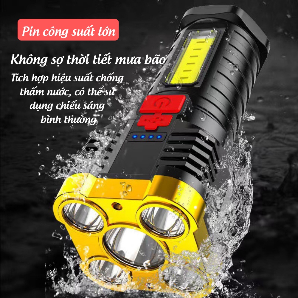 Đèn pin siêu sáng 5 bóng đèn pin cầm tay chắc chắn 4 chế độ sáng chống thấm nước đèn