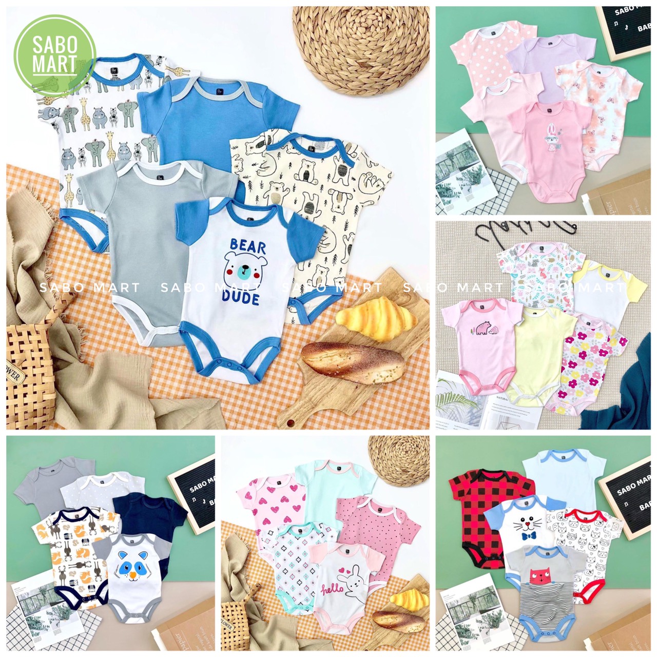 Set 5 bodysuit body chip cộc tay blt siêu đẹp cho bé trai bé gái - sabomart