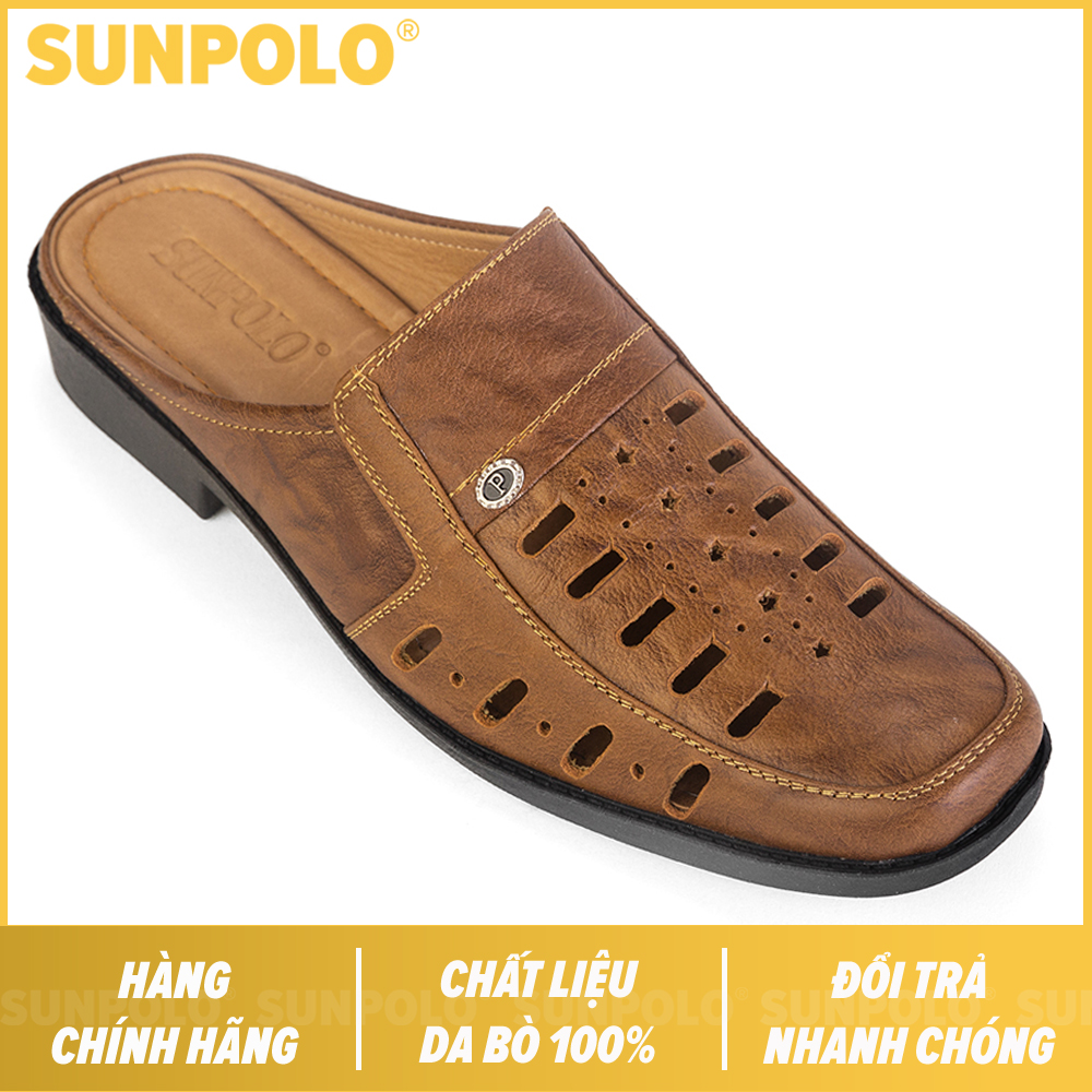 Dép sapo (Giày sục không gót) nam da bò cao cấp SUNPOLO lịch lãm, hiện đại SPO009 (Nâu bò)