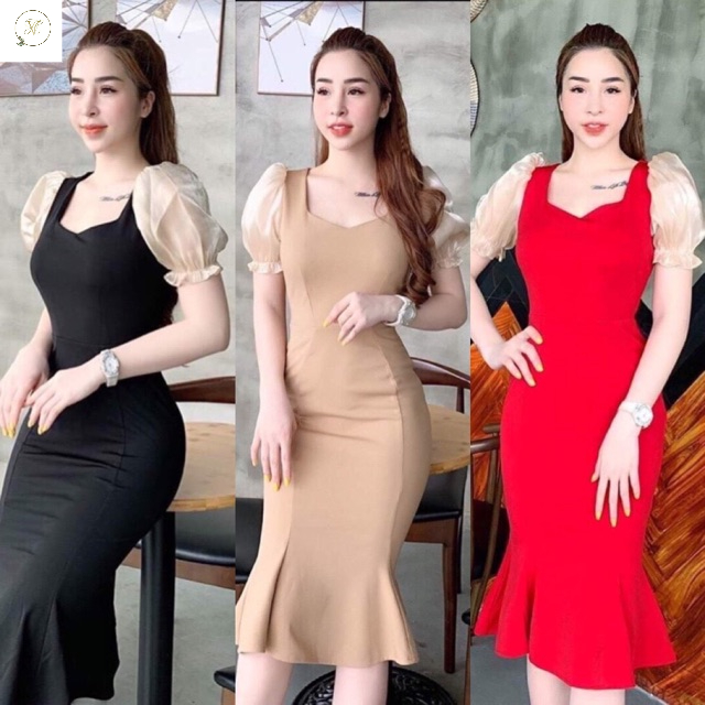 Đầm dự tiệc ôm body phối tay phồng voan kiếng sang trọng thời trang Hvy