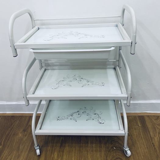 Kệ đựng đồ phun xăm, xe đẩy 3 tầng spa mặt kính hoa văn