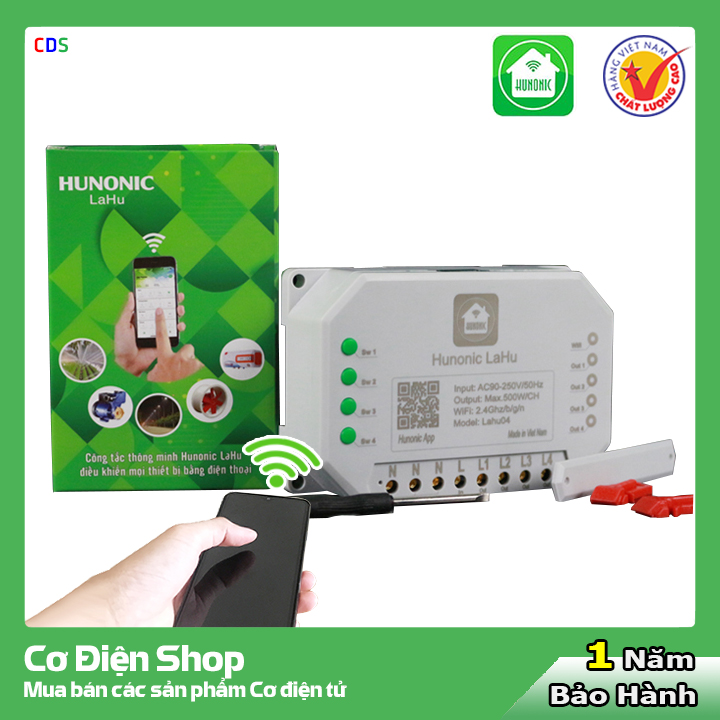 Công tắc điều khiển từ xa bằng điện thoại Hunonic Lahu 4 kênh (công nghệ 4.0) - Cơ Điện Shop