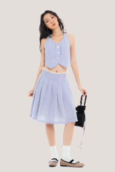 LIBÉ WORKSHOP - Chân váy xòe xếp ly ngang gối kẻ sọc xanh dương