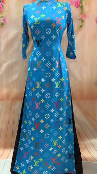 BỘ ÁO DÀI MAY SẴN LV-LỤA SỚ GỖ-XANH BIỂN