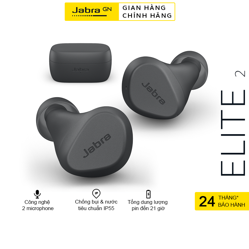 Tai Nghe Bluetooth Jabra Elite 2 Thương hiệu Đan Mạch Chống Nước IP55 Công nghệ chống ồn từ Jabra Nghe Nhạc lên đến 21H Hàng Chính Hãng